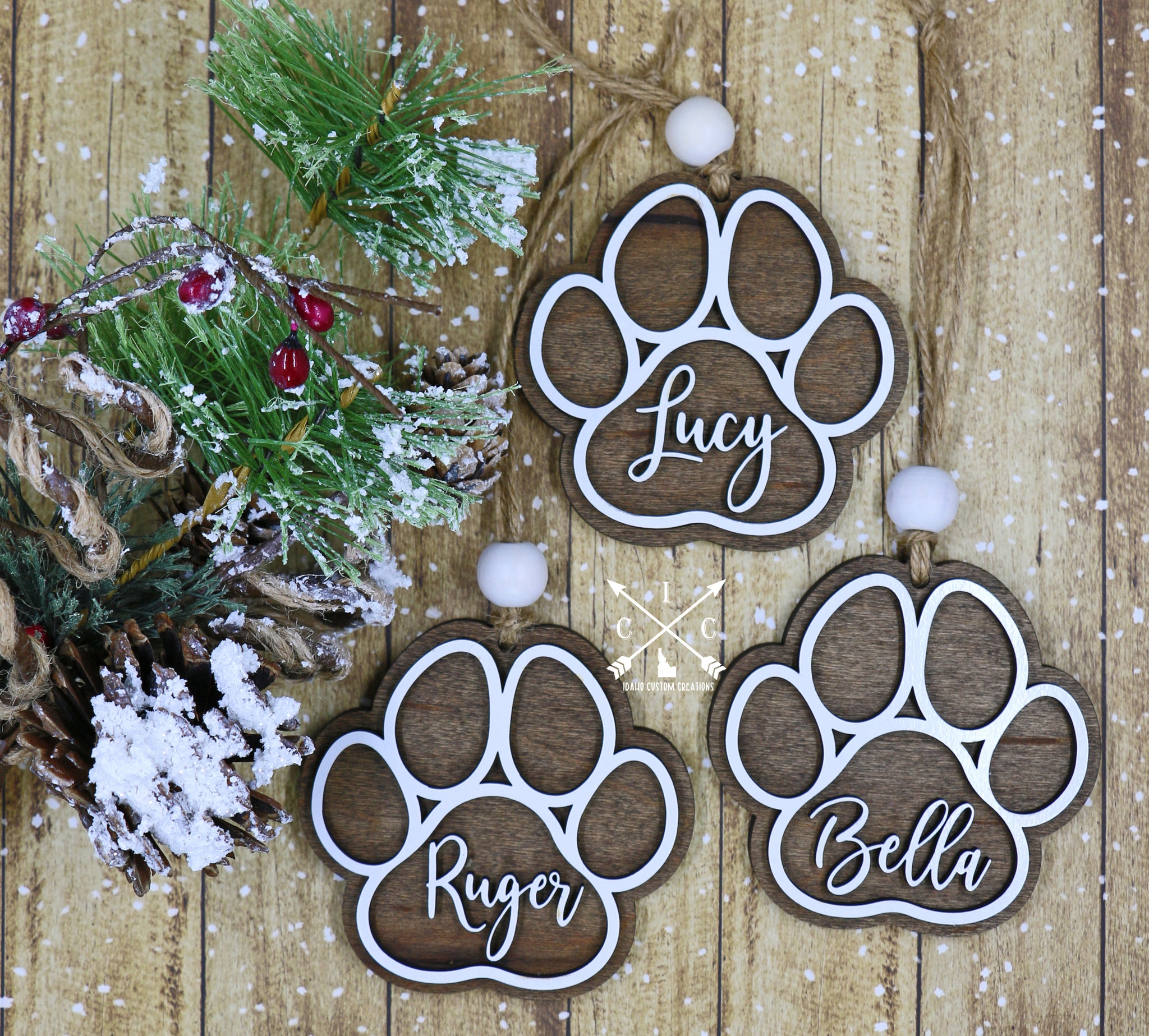  Christmas Stocking Name Tags Personalied Order 1 or More for  the Entire Family & Pet. Handcrafted Wood with Bead and Jute. Choose Tag  with 3D Cutout(Natural, Tag Style with Bead) 